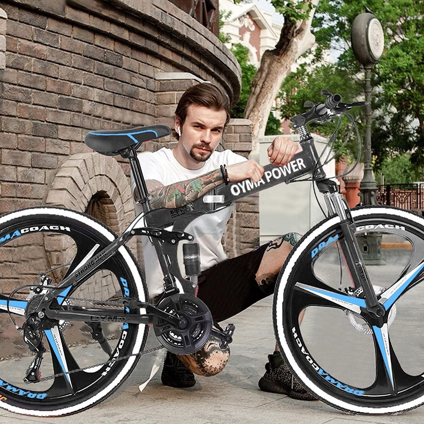 Folding Bike Mountain Bikes Adult Bike Trek Bike Dual Suspension High Carbon Steel 21 Speed Mountain Bike Disc Brakes 26 Inch Mountain Bike Men/Women Cruiser Bike (Blue)