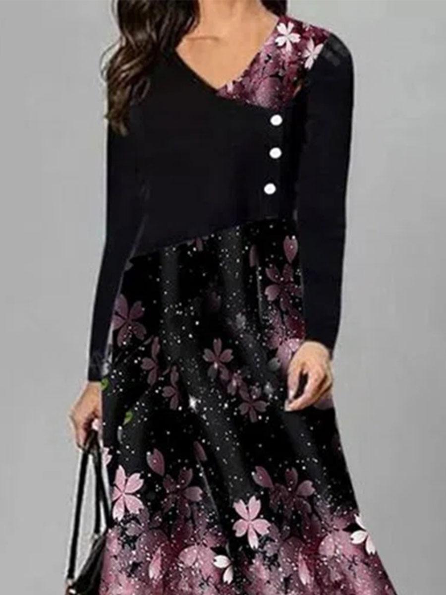 Fashion Flower Print Round Neck Long Sleeve Casual Maxi Dress