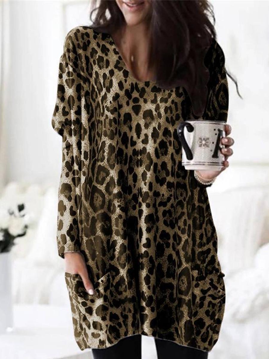 Casual Leopard Print Pocket Long Sleeve T-shirt