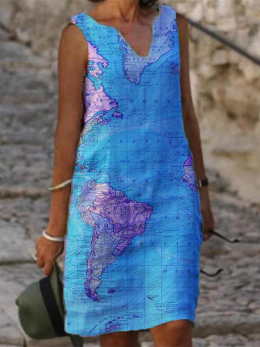 Ladies V-neck Map Print Fashion Shift Dress