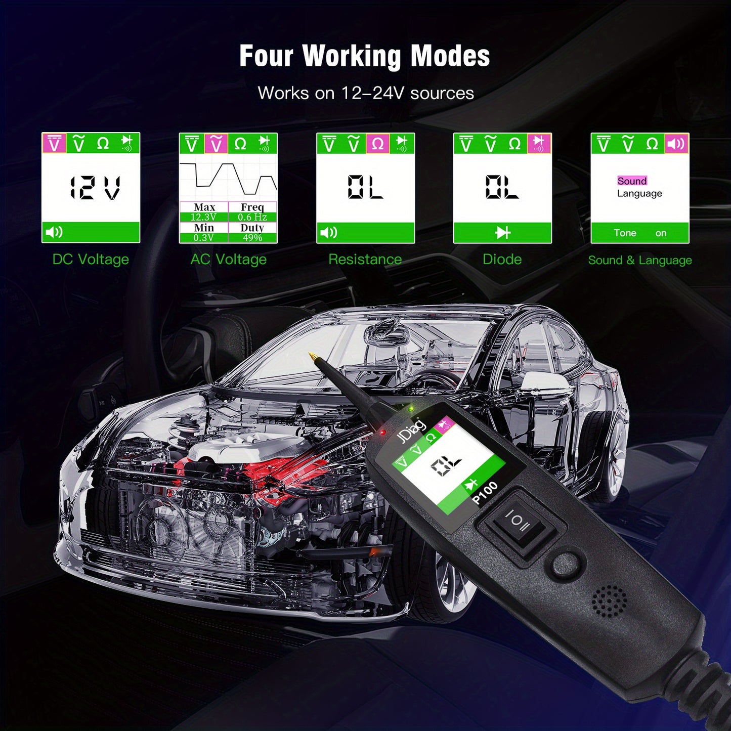 12/24V Multifunctional Car Circuit Tester Power Circuit Probe Kit, Car Battery Voltage/Resistant Tester Diagnostic Tool Component