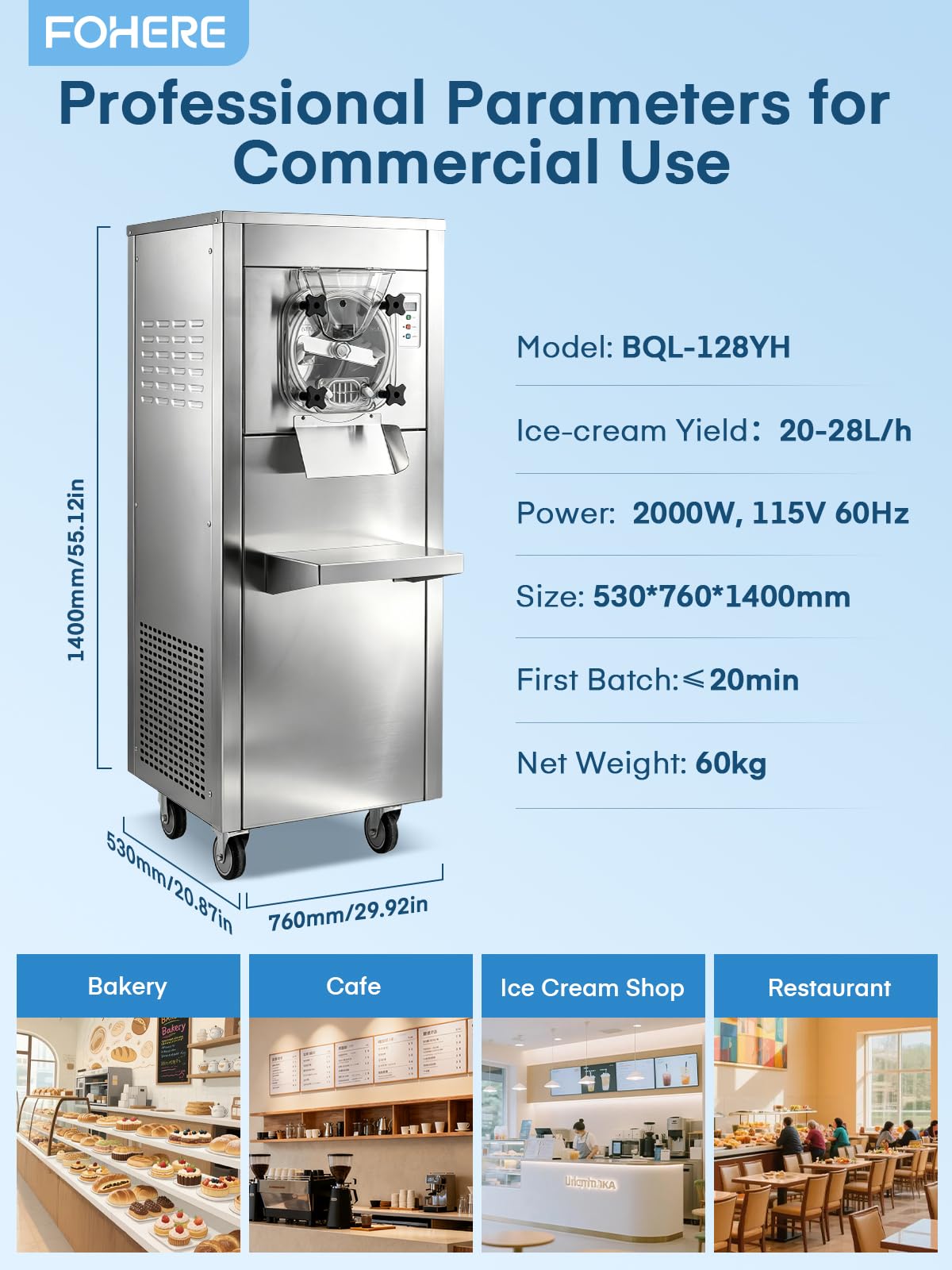 Commercial Ice Cream Machine 2000W, 20-28 L/H Yield Gelato Hard Serve Ice Cream Maker with 7L Steel Cylinder,LED Panel, Timer, Auto Clean for Restaurants Snack cafes