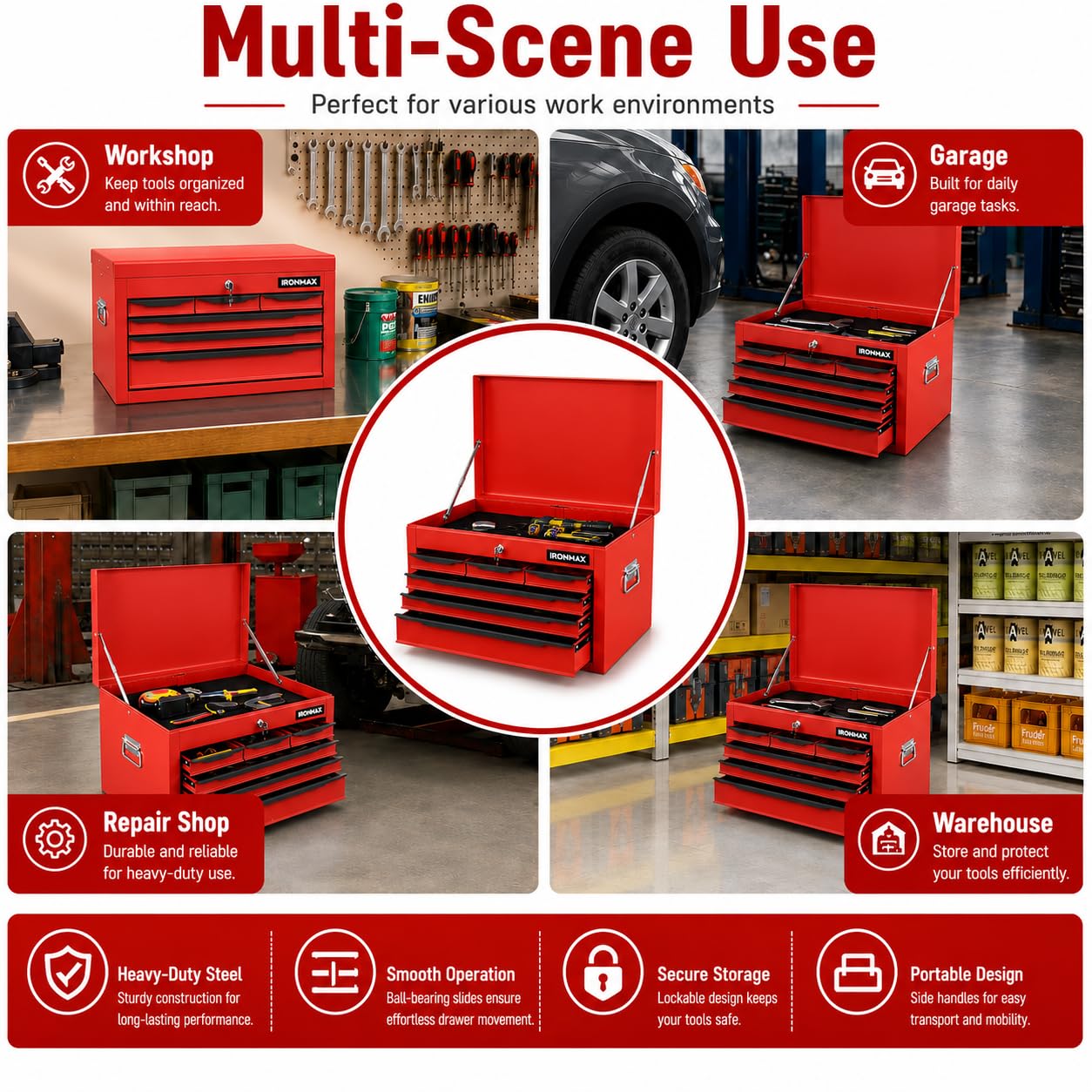 LarMetal Tool Box, Tool Box with 6 Drawers & Top Tray, Heavy-Duty Steel Tool Chest with Auto-LocDrawers and Side Handles for Gara& Workbench, Red