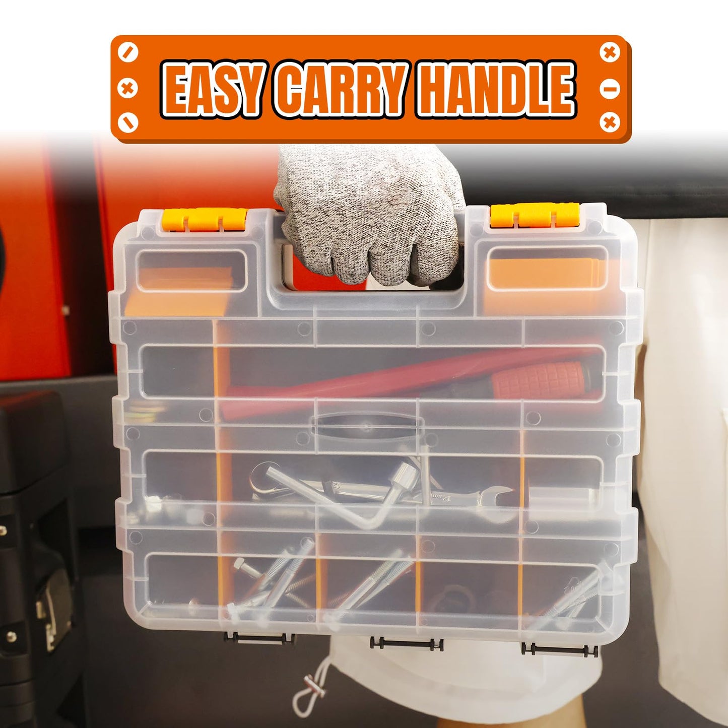 Tool Box with Transparent Lid, Double Side 34-Compartments Organizer Box with Removable Dividers for Hardware, Screws, Bolts, Nails, Beads, Jewelry and Fishing Accessories, Orange, 4 Pack