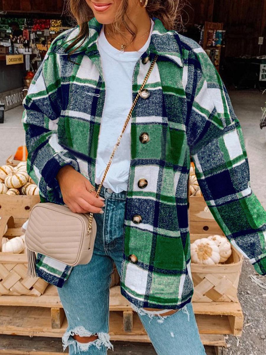 Long Sleeve Lapel Loose Plaid Shirt Jacket