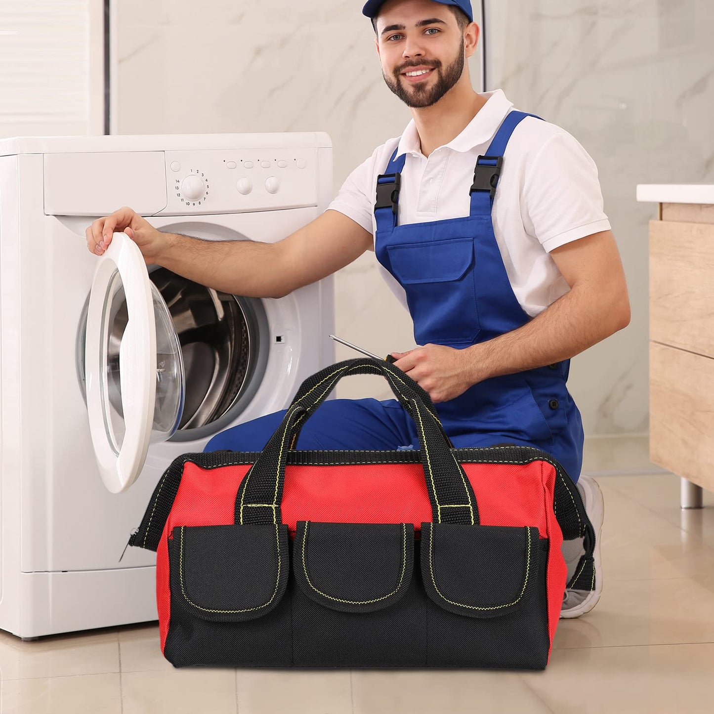 3 Pack Tool Bag for Men with Waterproof Hard Bottom, Heavy Duty Tool Bag Wide Mouth Tote for Various Instrument, Electrician Carpenter Mechanic(Blue, Red, Yellow,13 Inch,Classic)