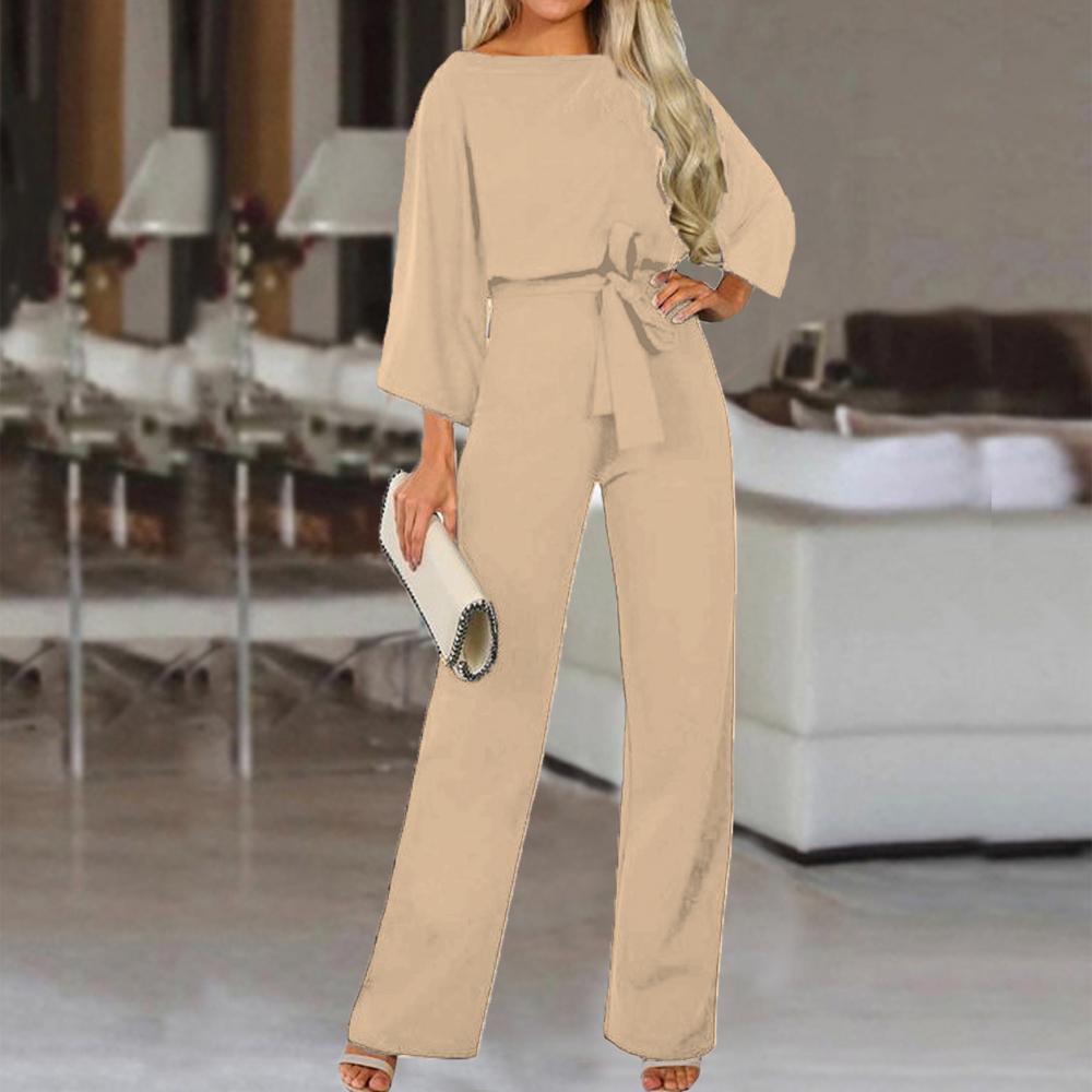 Solid Color Round Neck Long Sleeve Belted Jumpsuit