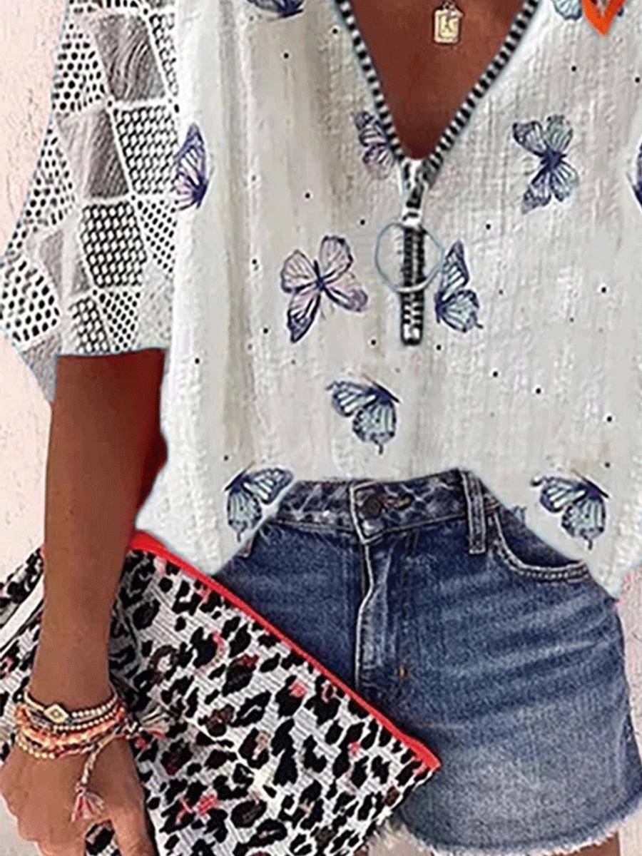 Fashion Butterfly Print V-neck Long Sleeve Loose Blouse