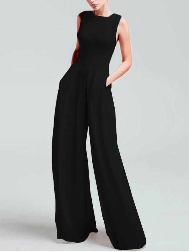Women's Casual Square-Cut Collar Pure Color Sleeveless Jumpsuit