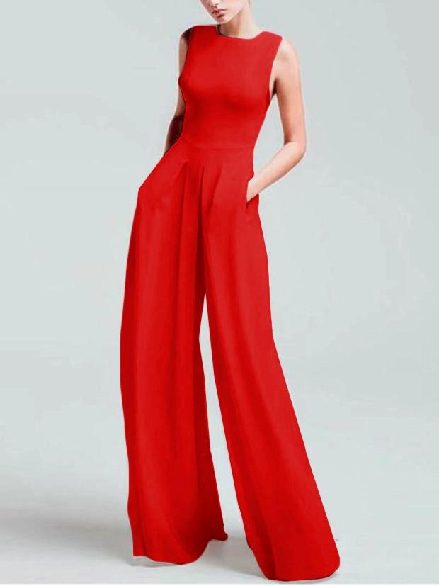Women's Casual Square-Cut Collar Pure Color Sleeveless Jumpsuit