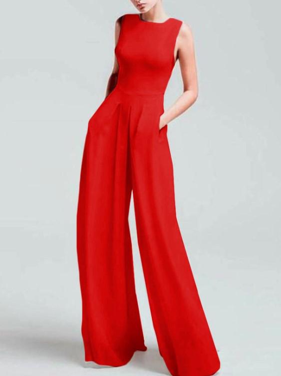 Women's Casual Square-Cut Collar Pure Color Sleeveless Jumpsuit