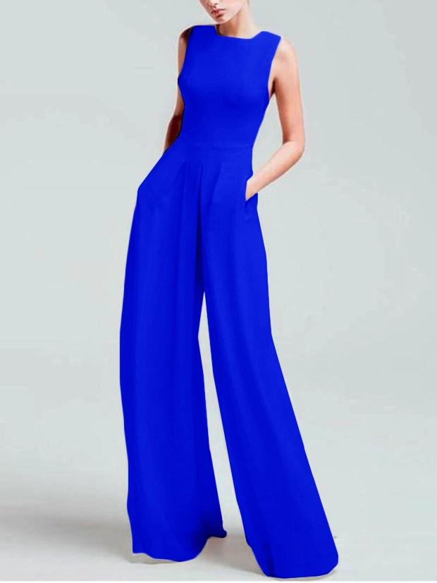 Women's Casual Square-Cut Collar Pure Color Sleeveless Jumpsuit