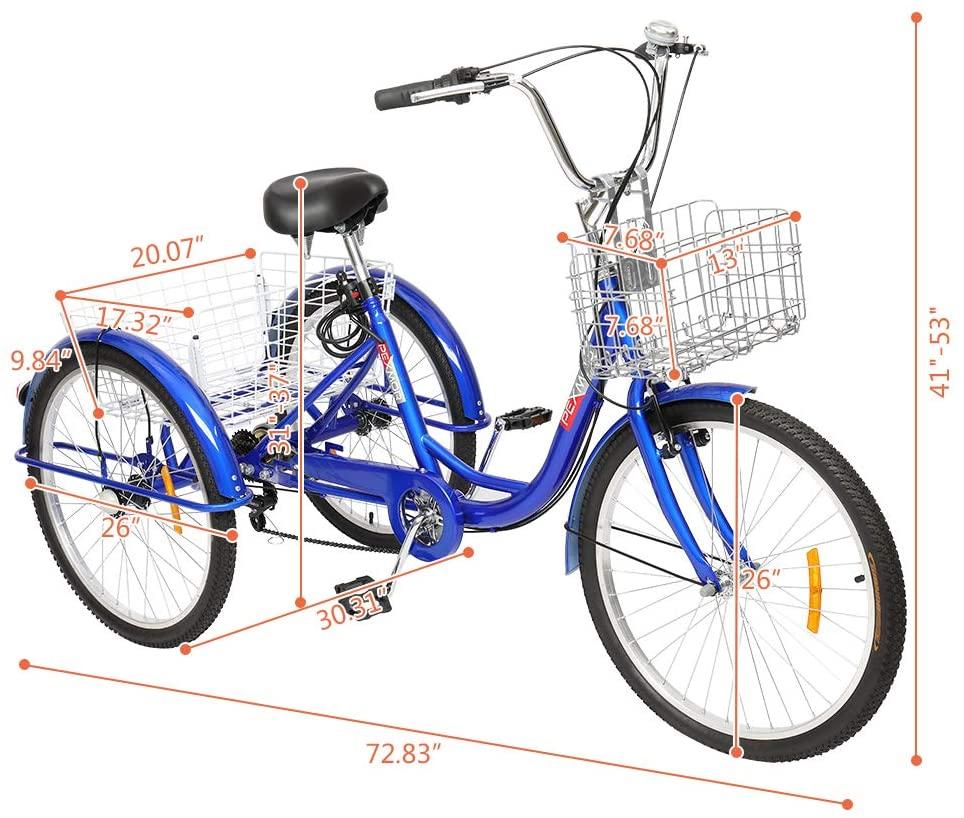 PEXMOR Adult Tricycle 7 Speed 3 Wheel Trike Bike Cruiser with 26" Big Wheels LarFront and Rear Basket Hold Vegetables Fruits for Recreation, Shopping, Picnics Exercise Men's Women's Bike