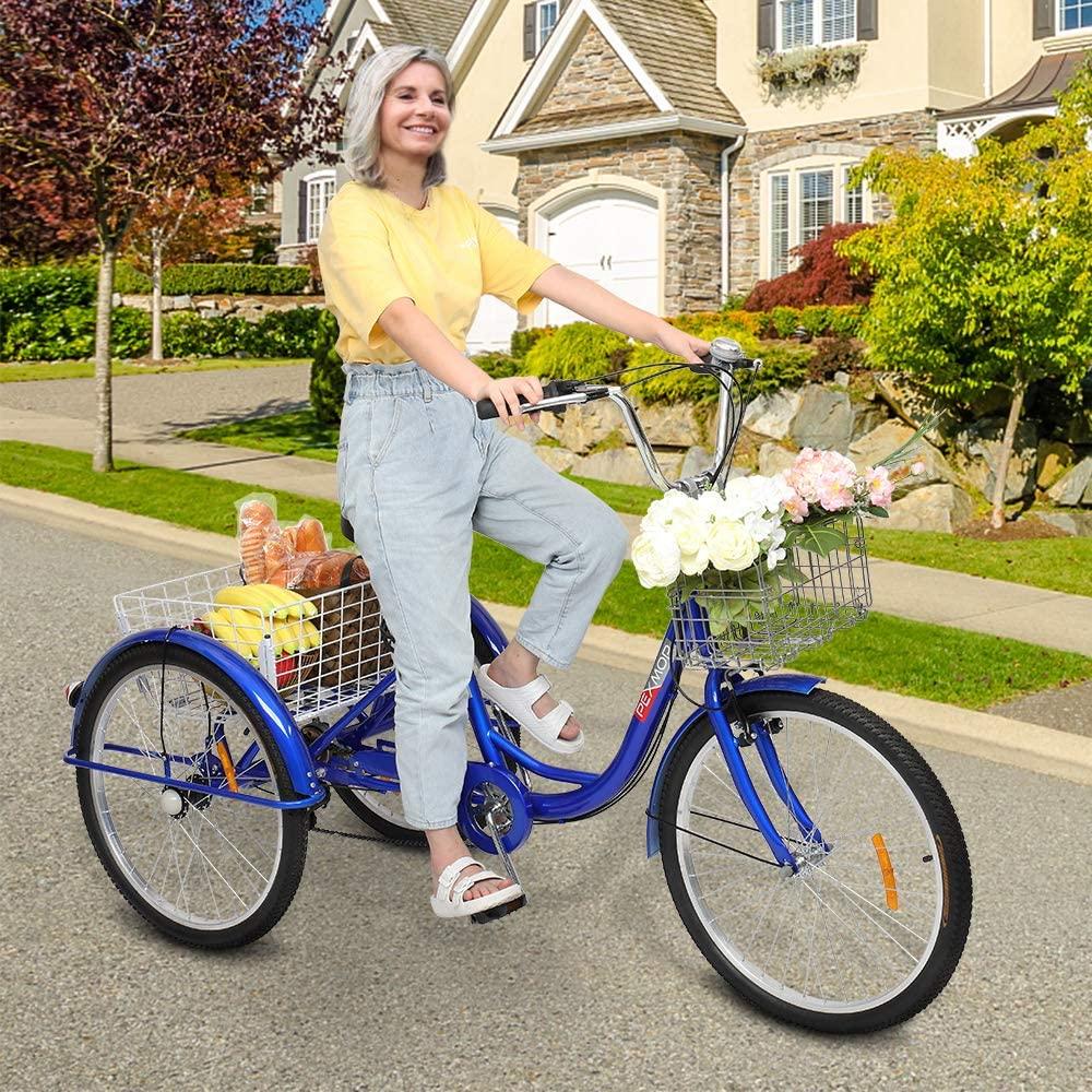 PEXMOR Adult Tricycle 7 Speed 3 Wheel Trike Bike Cruiser with 26" Big Wheels LarFront and Rear Basket Hold Vegetables Fruits for Recreation, Shopping, Picnics Exercise Men's Women's Bike