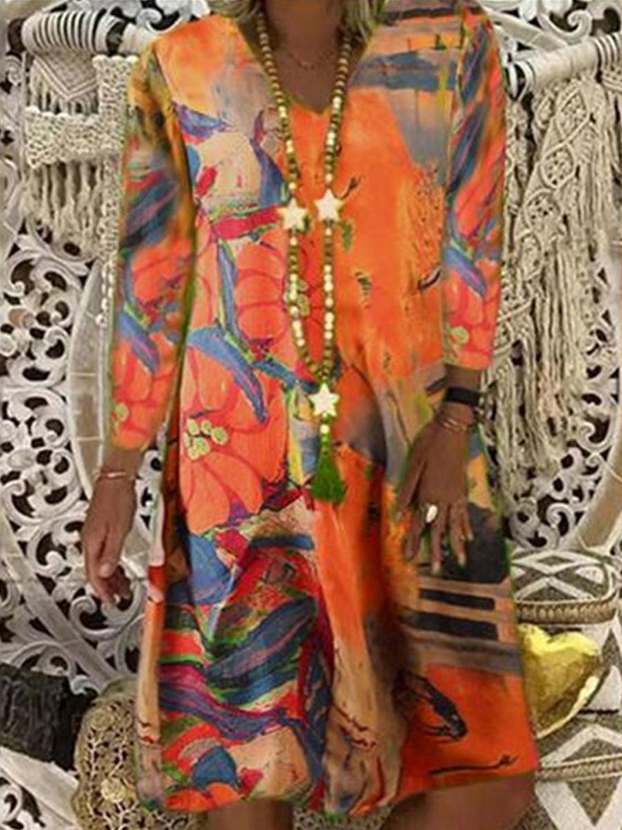 Fashion Loose V-neck Print Dress