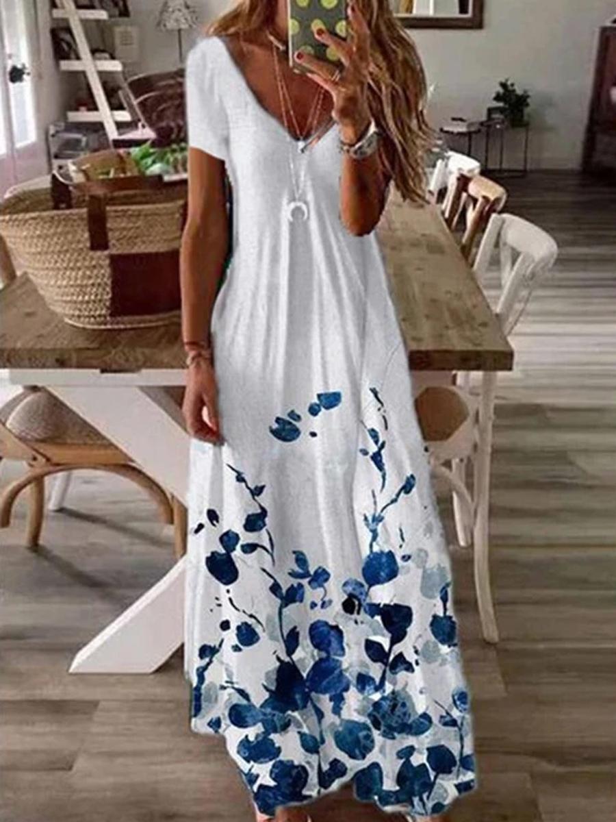 Womens Flower Print V-neck Fashion Casual Maxi Dress