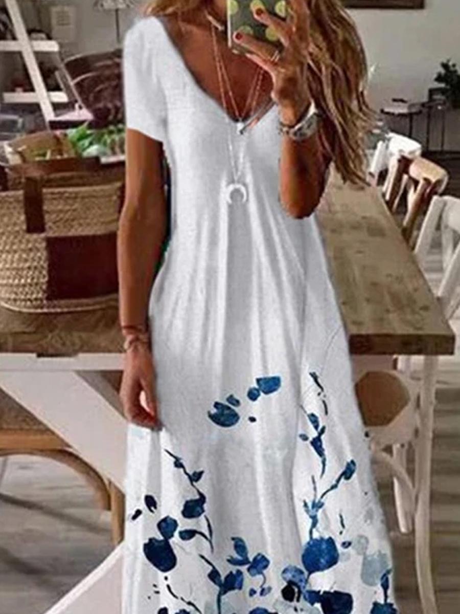 Womens Flower Print V-neck Fashion Casual Maxi Dress