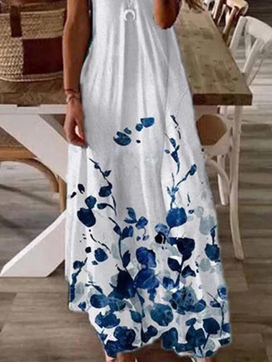 Womens Flower Print V-neck Fashion Casual Maxi Dress