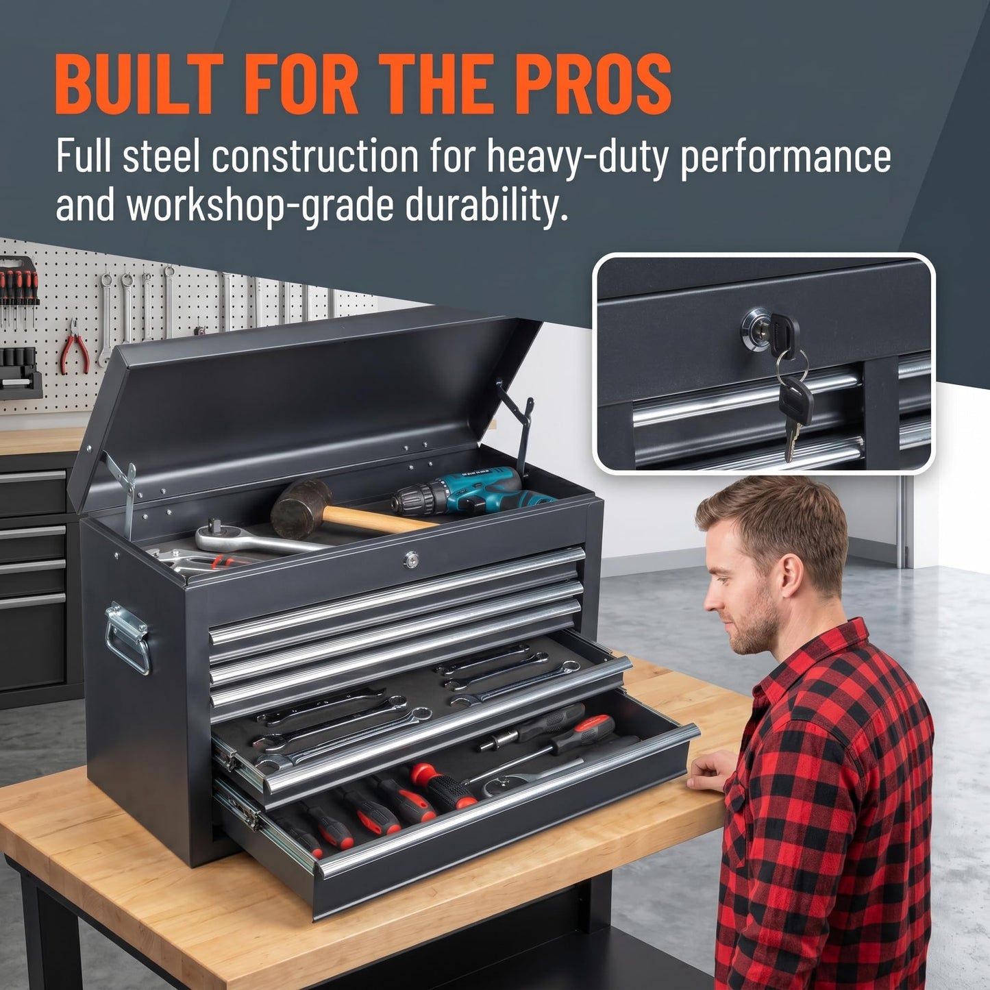 24" Portable Metal Tool Box, 5 Drawers Lockable Toolbox, Black | Top StoraTray, Carry Handle, Ball Bearing Runners, Tool Chest Cabinet for Garage, Warehouse, Repair Shop & Home