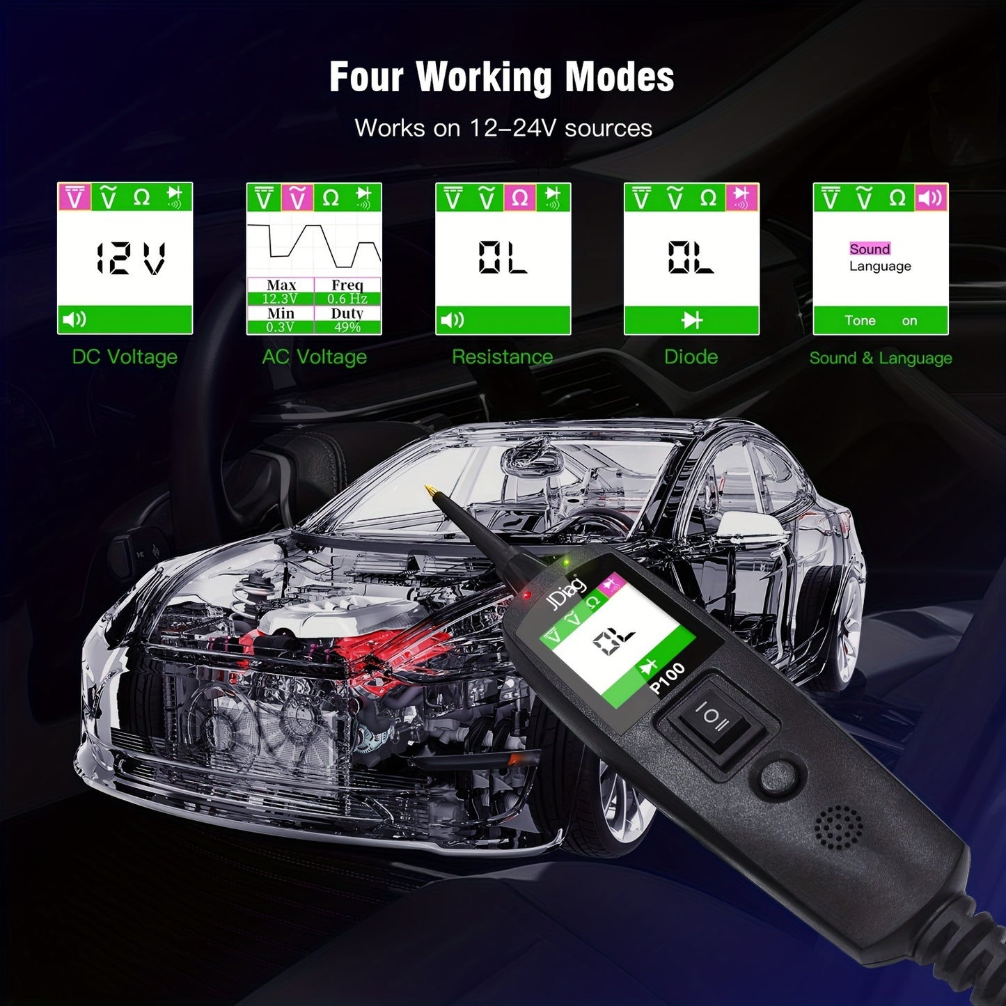12/24V Multifunctional Car Circuit Tester Power Circuit Probe Kit, Car Battery Voltage/Resistant Tester Diagnostic Tool Component