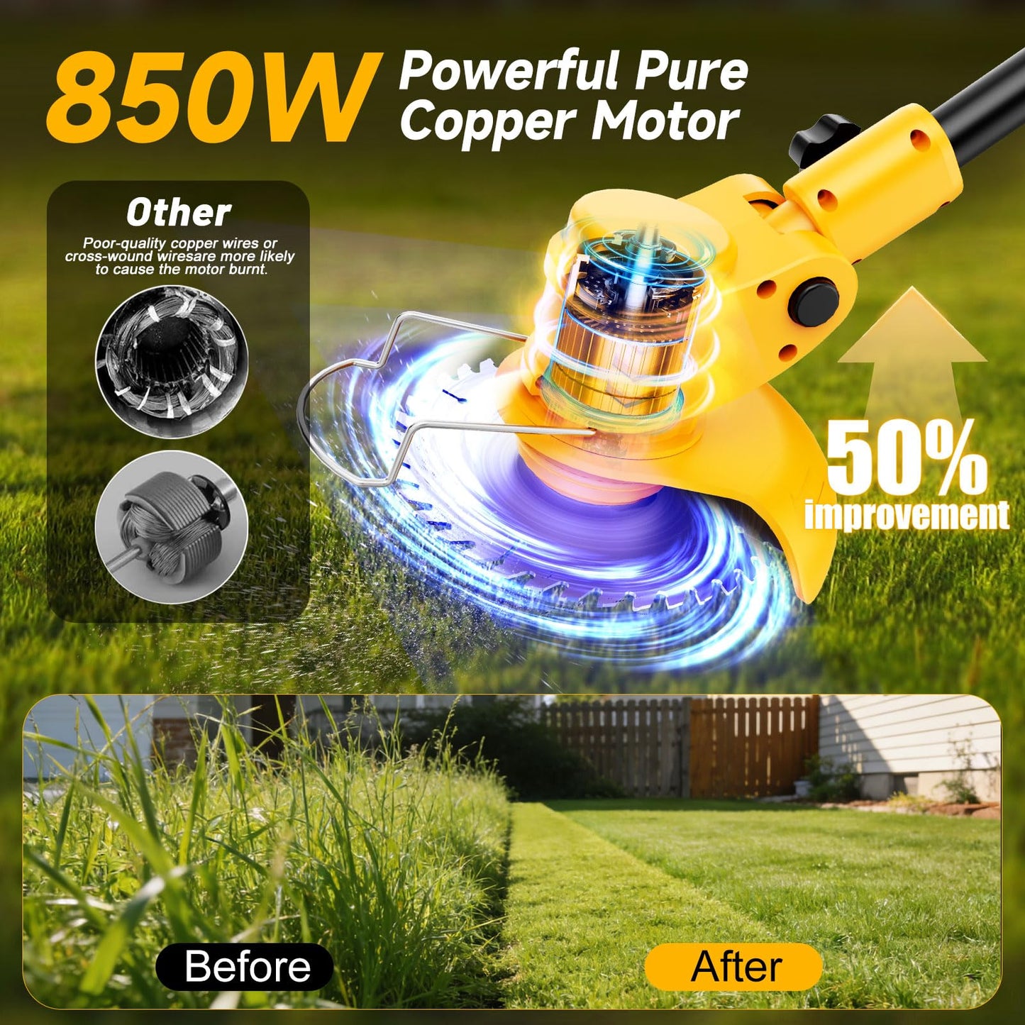 Electric Weed Wacker Cordless with Wheels,Electric Weed Eater Battery Powered,4 in 1 Grass Trimmer/Brush Cutter/Grass Edger/Small Lawn Mower,No String Trimmer with Metal Blade,2 Battery (Yellow)