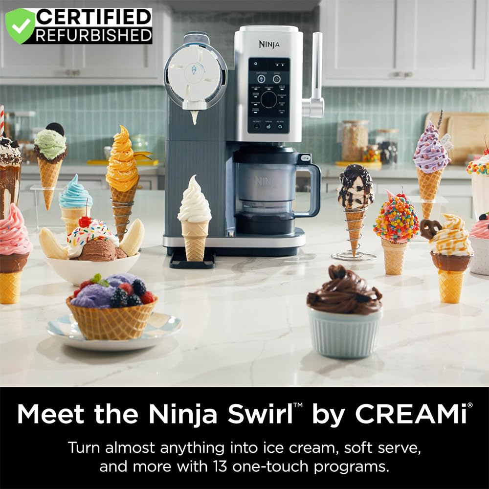 NC701 CREAMi Swirl 13-in-1 Soft Serve Ice Cream Machine (Renewed) Bundle with 2 YR CPS Enhanced Protection Pack