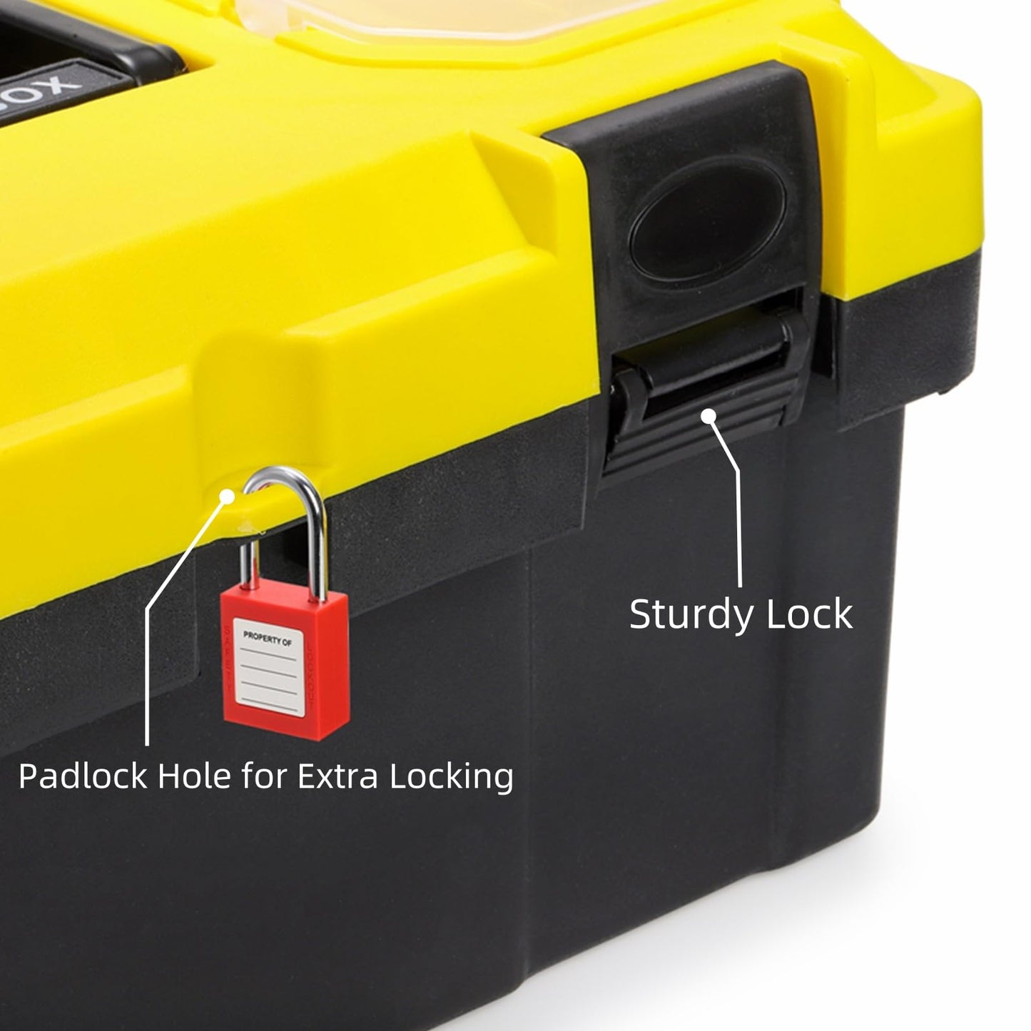16 Inch Plastic Tool Box with Handle, Portable Toolbox with Removable Tray and Lockable , Heavy Duty Toolbox Organizer with Small Parts Box for Household Workshops Garages, Black Yellow