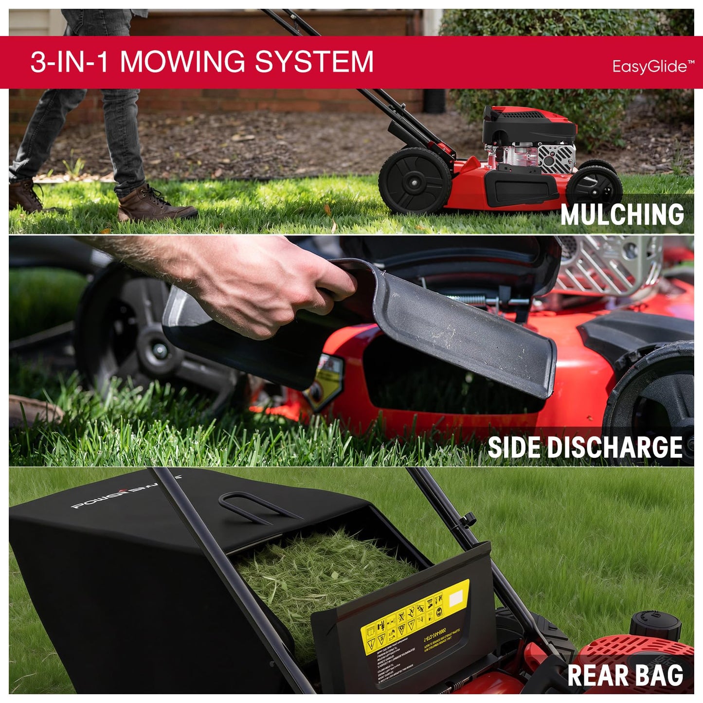 EasyGlide 21-Inch Gas Lawn Mower, 144cc 4-Stroke OHV Engine, Push Walk-Behind, 3-in-1 Mulch/Bag/Side Discharge, Steel Deck, 6 Height Adjustment
