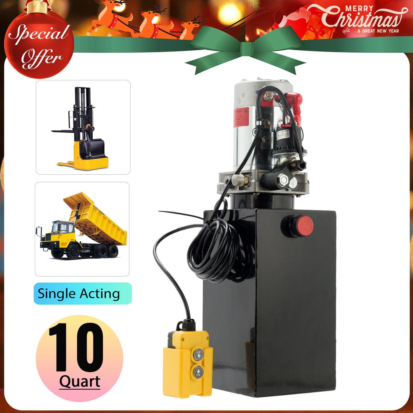 10 Quart Single Acting Hydraulic Pump Dump Trailer Power Unit Dump Truck DC 12V