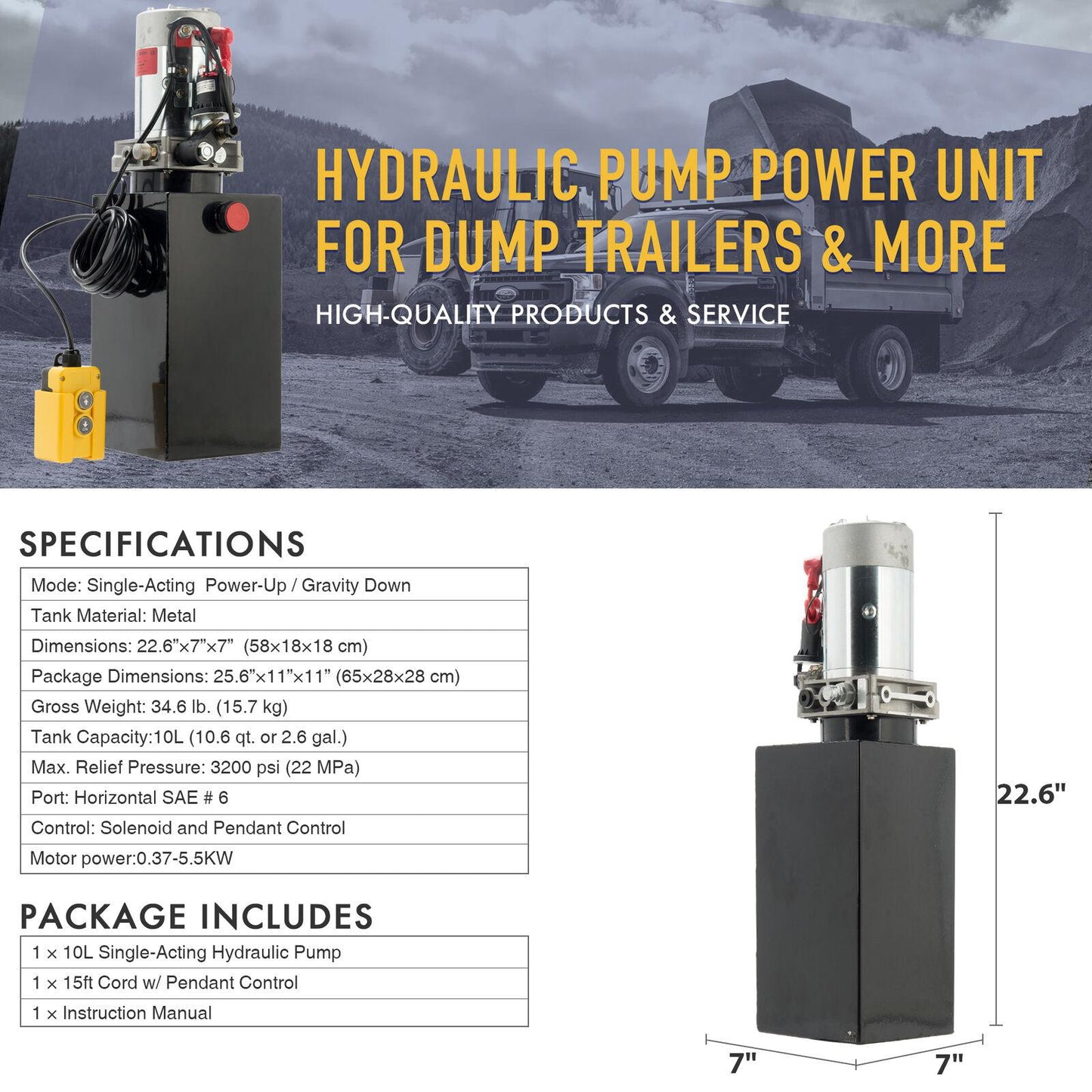 10 Quart Single Acting Hydraulic Pump Dump Trailer Power Unit Dump Truck DC 12V