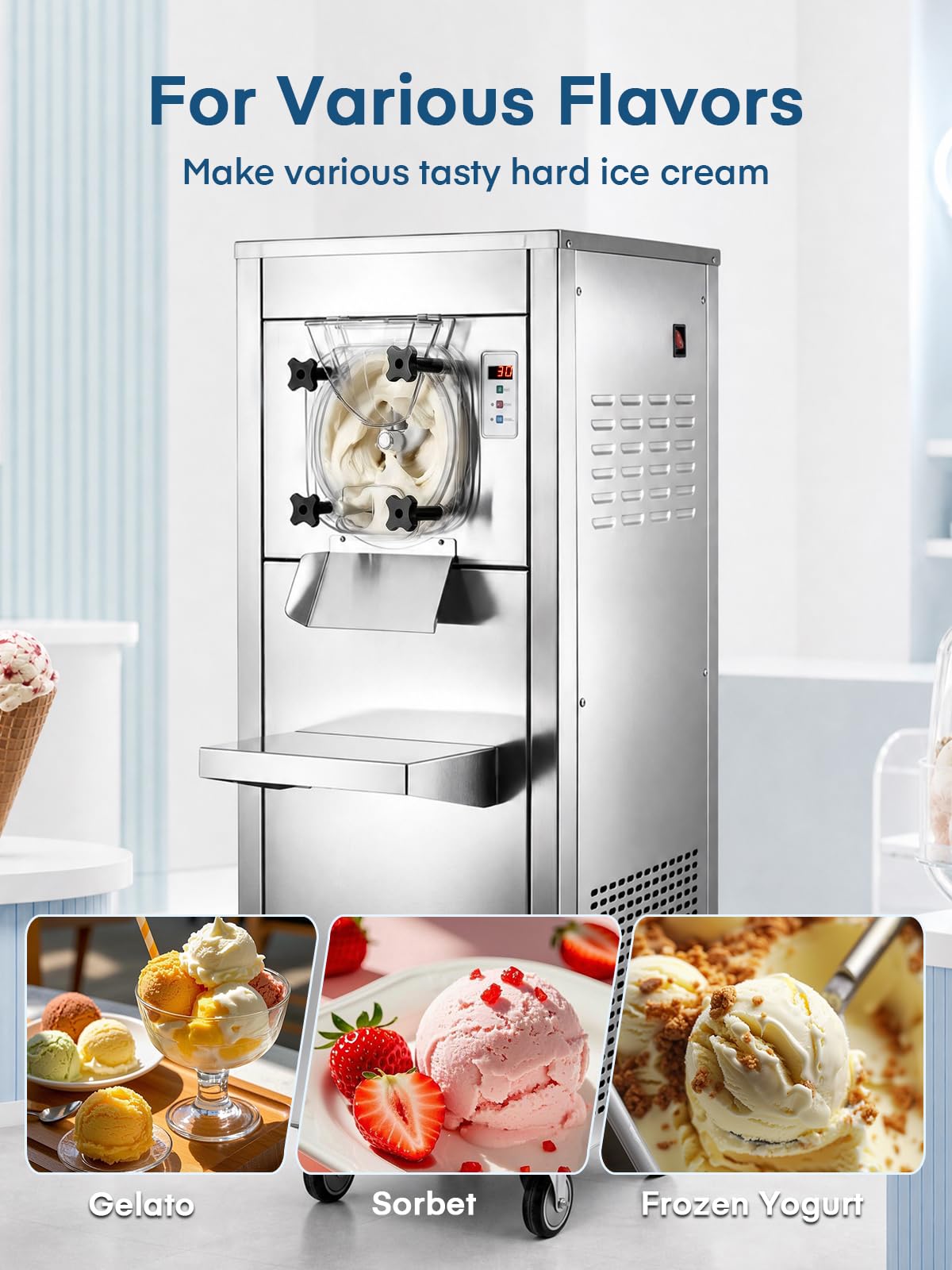 Commercial Ice Cream Machine 2000W, 20-28 L/H Yield Gelato Hard Serve Ice Cream Maker with 7L  Steel Cylinder,LED Panel, Timer, Auto Clean for Restaurants Snack cafes