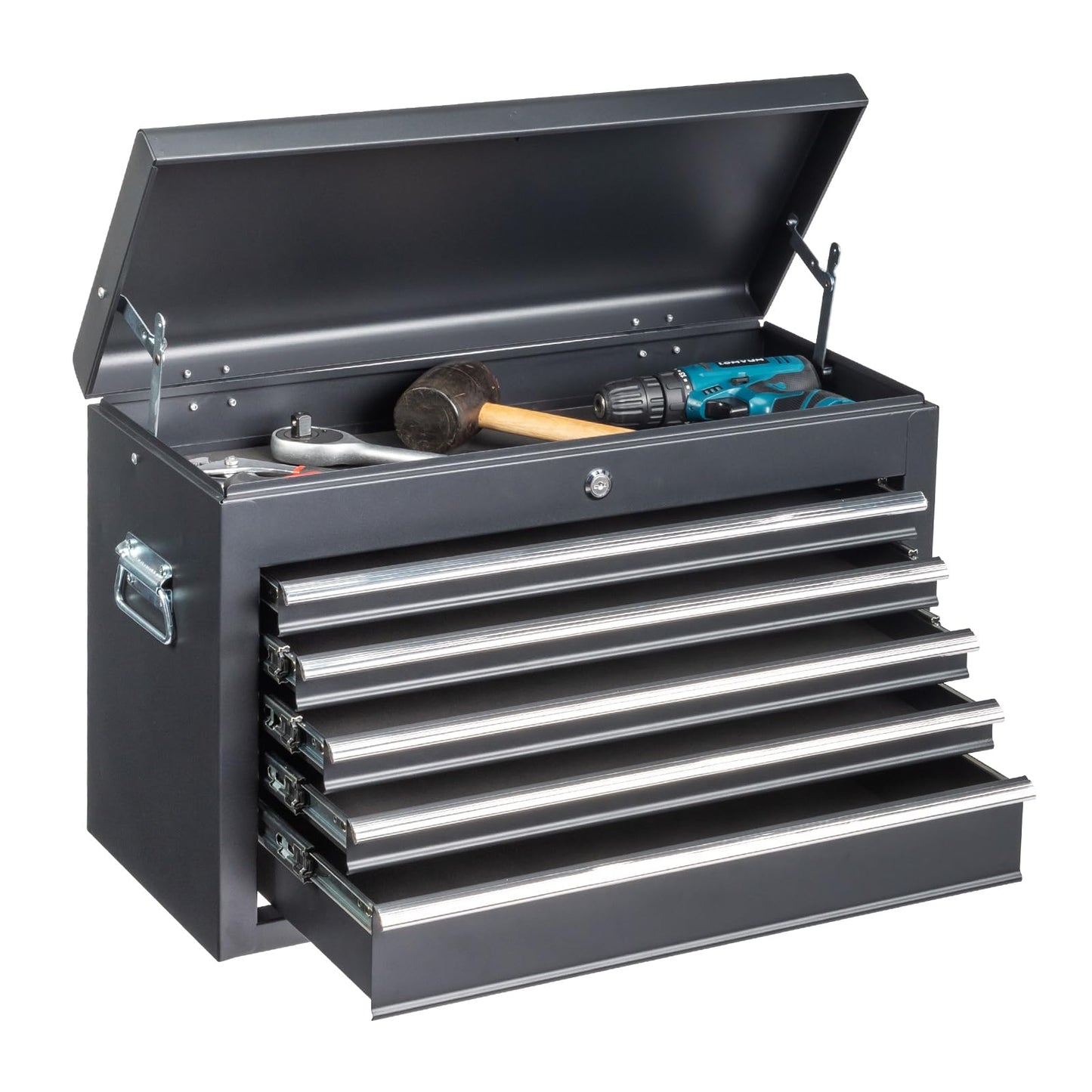 24" Portable Metal Tool Box, 5 Drawers Lockable Toolbox, Black | Top StoraTray, Carry Handle, Ball Bearing Runners, Tool Chest Cabinet for Garage, Warehouse, Repair Shop & Home