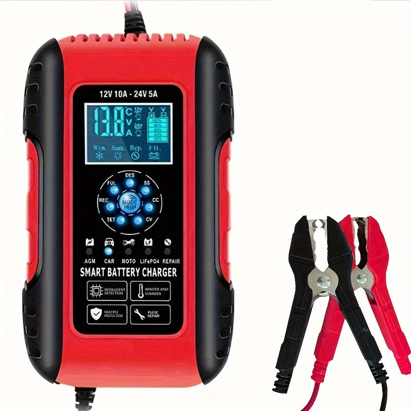 10-Amp Car Battery Charger 12V And 24V Smart Fully Automatic Battery Charger Maintainer Trickle Charger W/ Temperature Compensation For LawnLead Acid