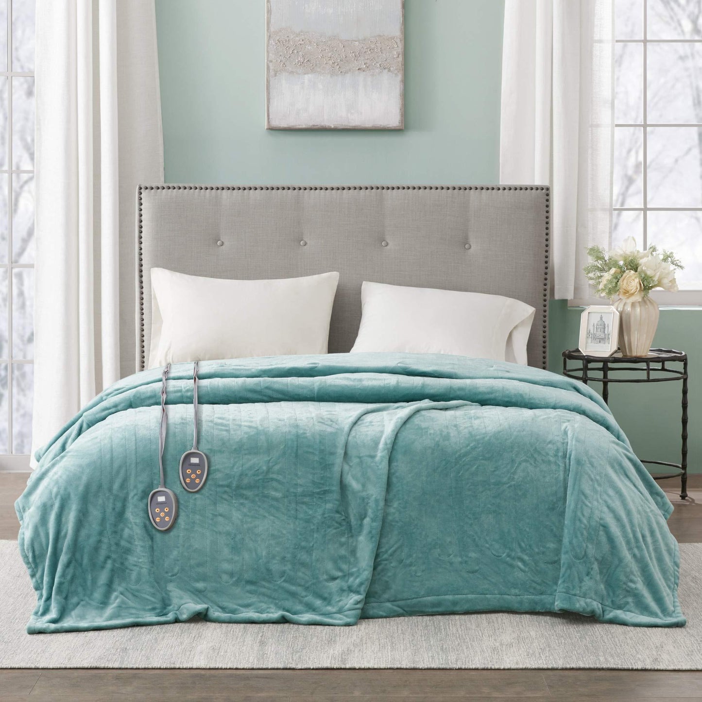 Gracie MIlls Plush Lightweight Ultra Soft Cozy Washable Electric Blanket Heated Throw With Auto Shutoff, Queen Size, Aqua -BR54-0905