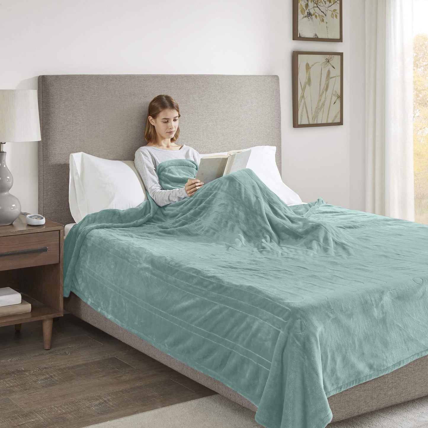 Gracie MIlls Plush Lightweight Ultra Soft Cozy Washable Electric Blanket Heated Throw With Auto Shutoff, Queen Size, Aqua -BR54-0905