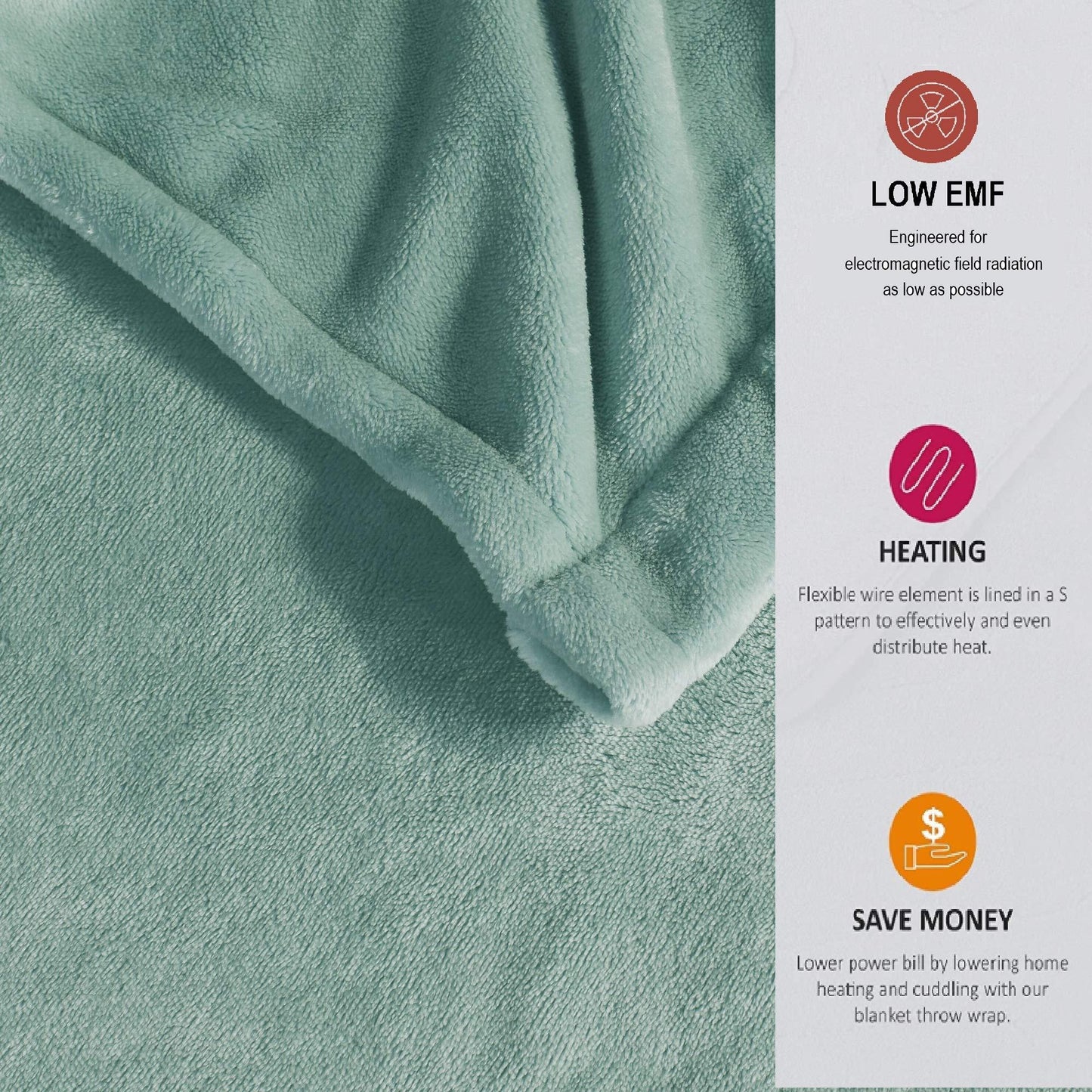 Gracie MIlls Plush Lightweight Ultra Soft Cozy Washable Electric Blanket Heated Throw With Auto Shutoff, Queen Size, Aqua -BR54-0905