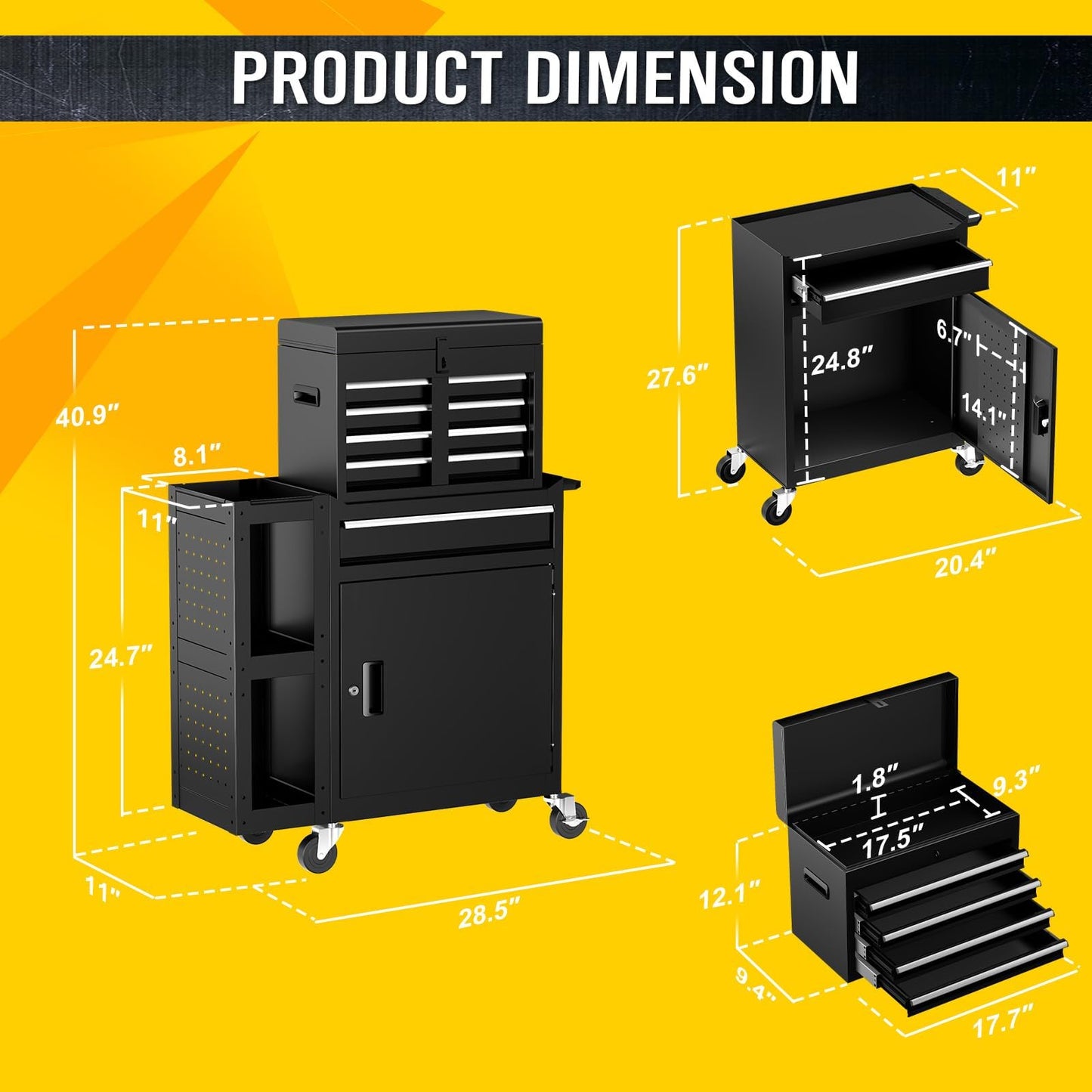 5-Drawers Rolling Tool Chest, Assembled Tool Box with Auto LocSystem & Lockable Wheels & Sliding Drawers & Detachable Top, Tool StoraCabinet