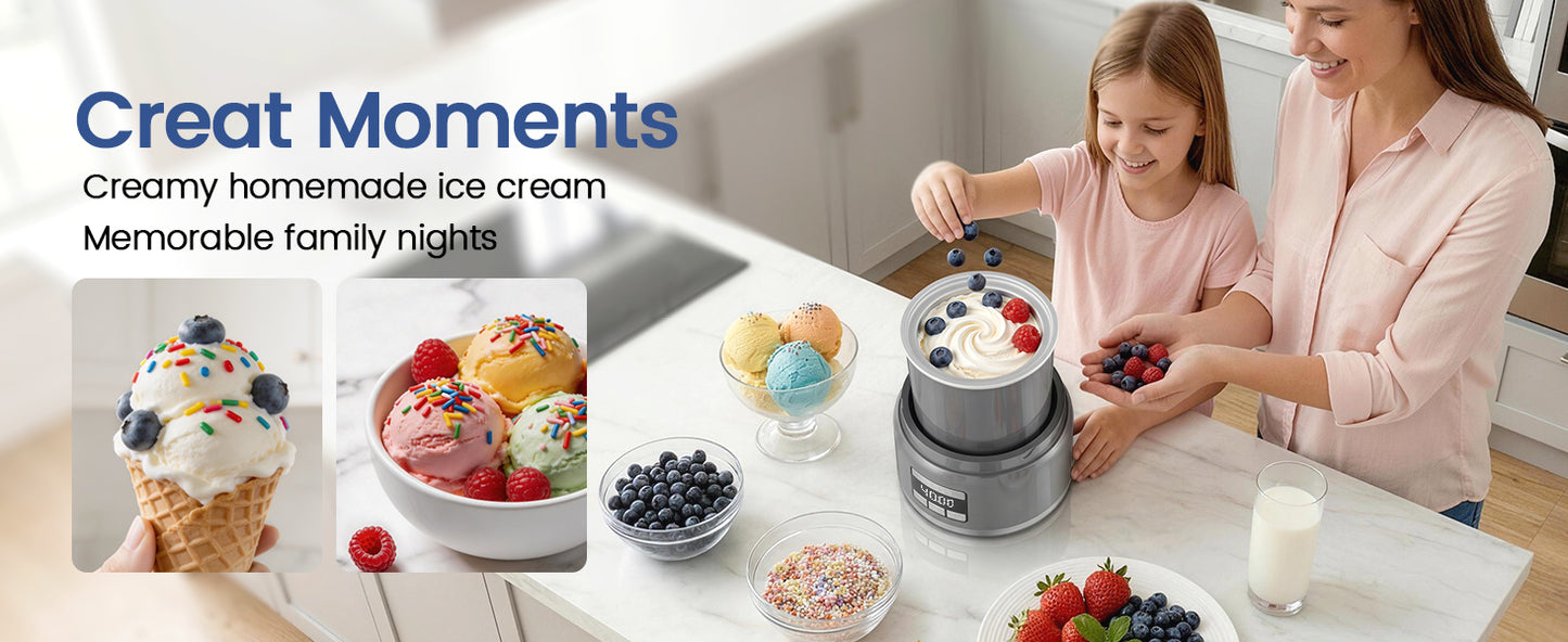 2.1 Qt Countertop Ice Cream Maker – Make Gelato, Sorbet & Frozen Yogurt in as Little as 20–30 Minutes, Fast Cooling, Visible Feeding Port, Easy 3-Button Control (Gray)