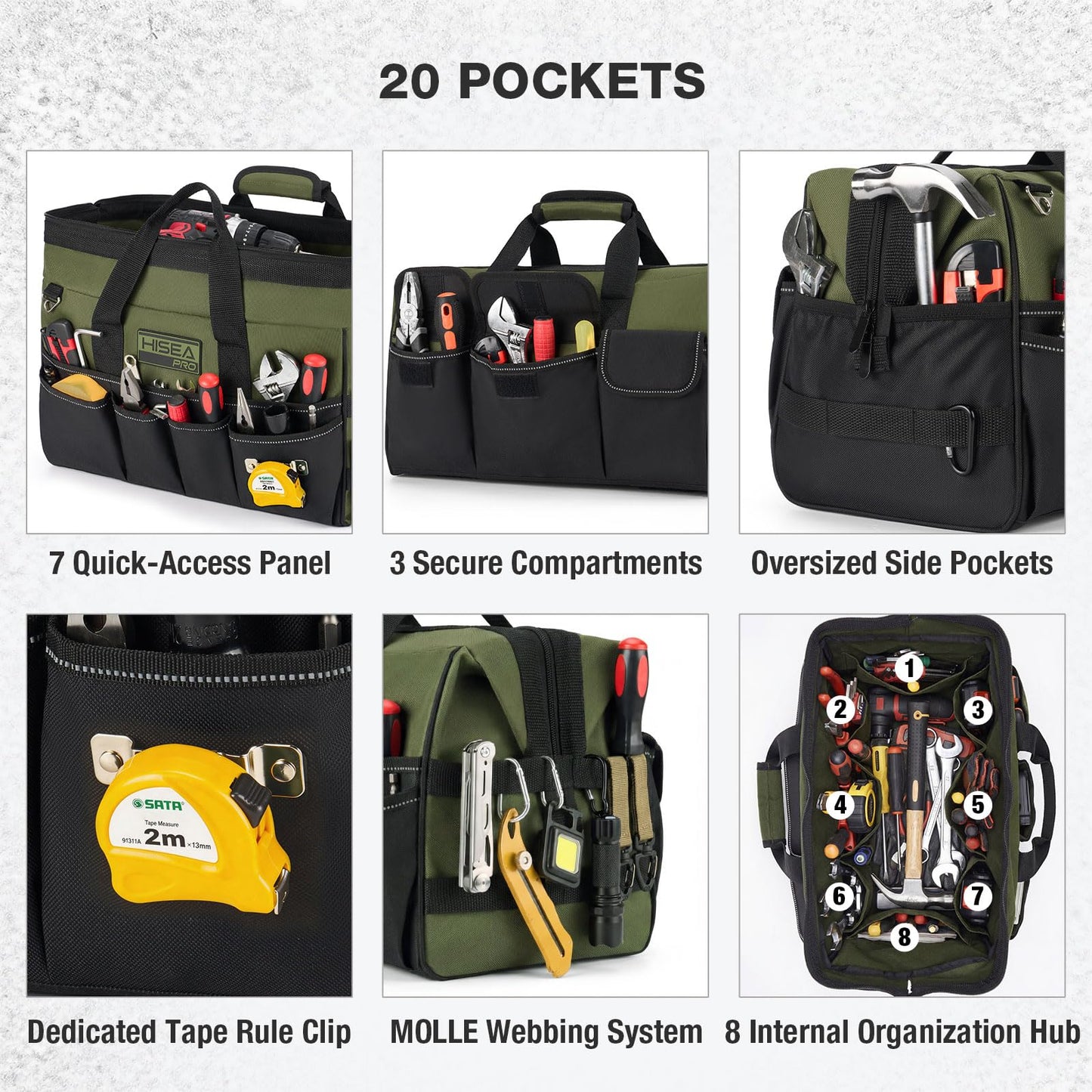 Heavy Duty Tool Bag 20 Pockets, 16-Inch Portable Tool Box Organizer | Waterproof, Wide Mouth, LarStoraToolbag for Electrician, Tradesman, with Adjustable Shoulder Strap, Soft Handle