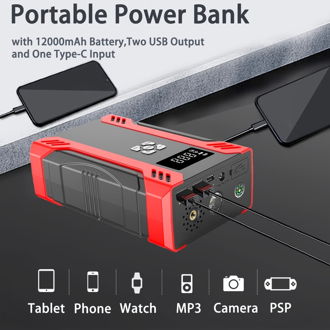 2000A Car Jump Starter With Air Compressor (8.0L Gas/5.0L Diesel), 6-in-1 Portable Charger Lithium Battery Box With Fast Charging 3.0 & DC12V 8A
