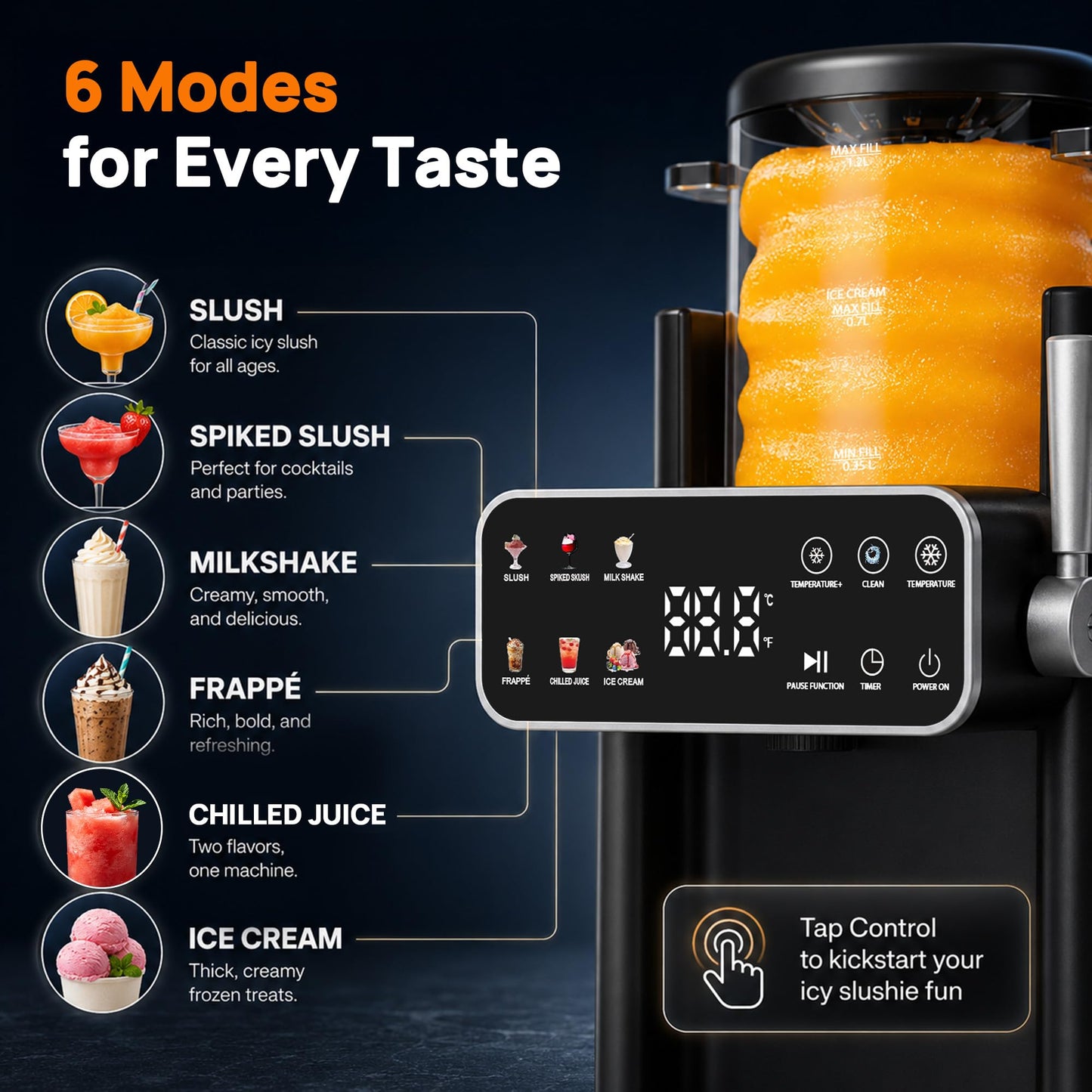 Slushie Machine for Home No Ice Needed Frozen Drink Maker with 6 Preset Modes for Ice Cream, Frappés, Milk Shake, Slushy Machine with LED Display Ideal for Family Gathering, Black, 1 Pack+6 Modes