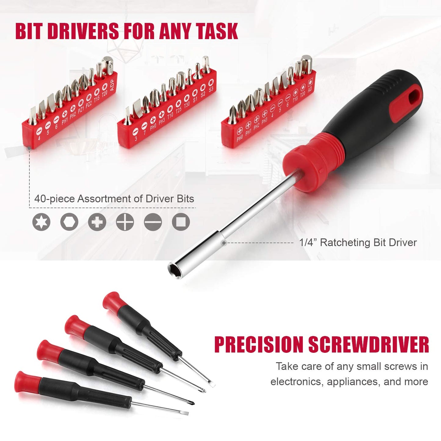 128-Piece Home Repair Tool Set, Tool Sets for Homeowners, General Household Hand Tool Set with StoraToolbox, EVHT12801, Black + Red (ASK01)