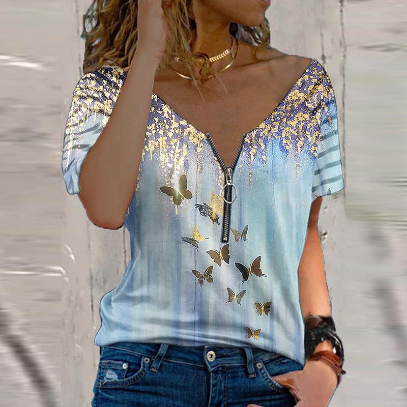 Fashion zipper V-neck short-sleeved butterfly print top