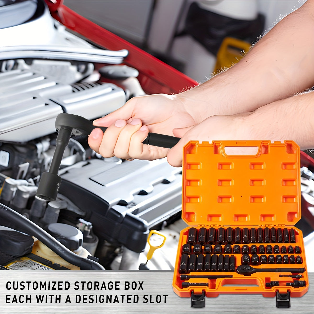 3/8" Socket Set, 6 Point, 50-Piece Standard Metric (8-22mm) And SAE (5/16-Inch To 3/4-Inch) Cr-V Steel Sockets With Adapters & Ratchet Handle