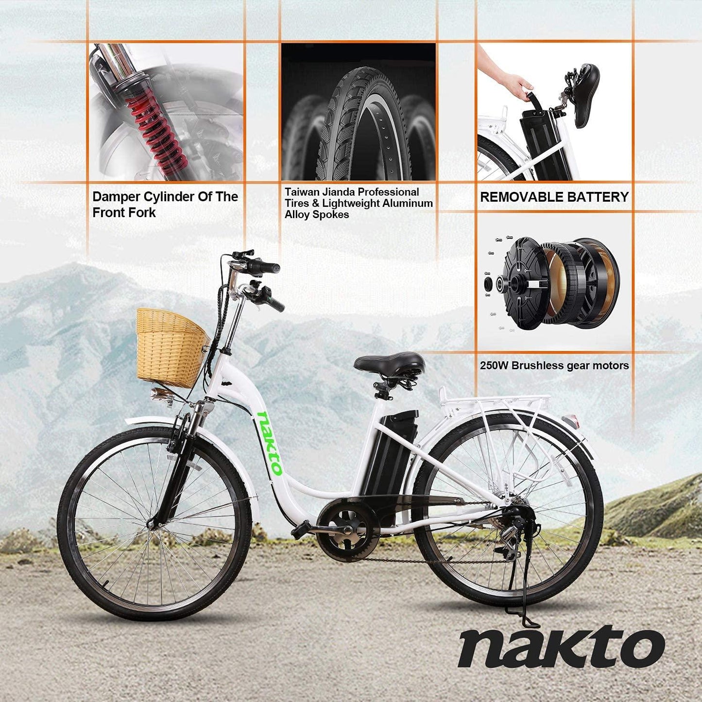 Trekpower 26" Electric Bike 6 Speed Electric Bikes for Adults 350W High Speed Ebike City Electric Bicycle with 36V10AH Removable Lithium Battery, White