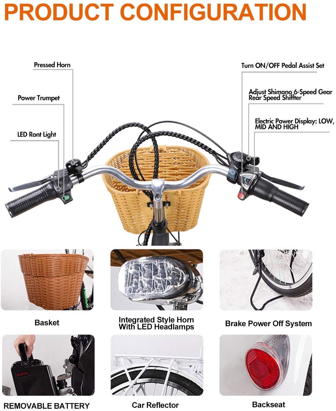 Trekpower 26" Electric Bike 6 Speed Electric Bikes for Adults 350W High Speed Ebike City Electric Bicycle with 36V10AH Removable Lithium Battery, White
