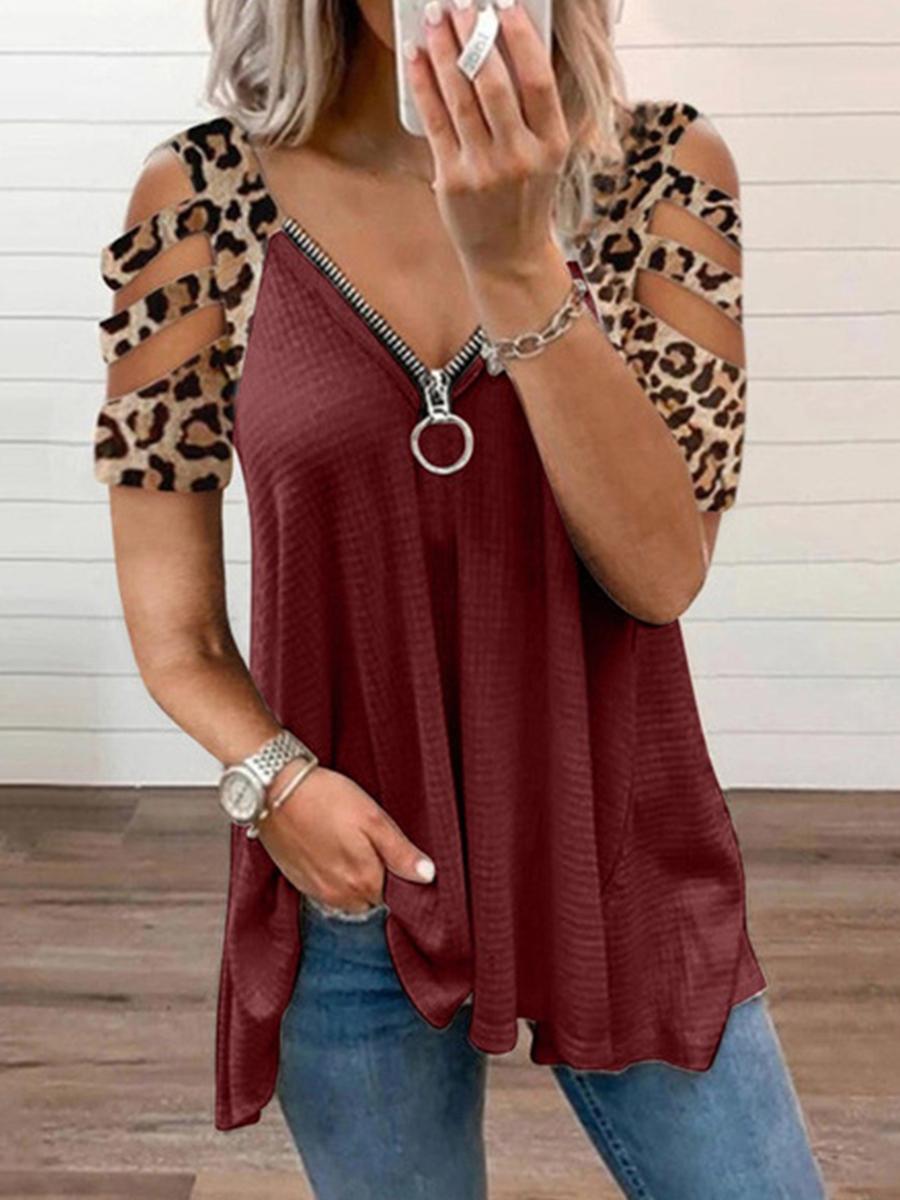 Leopard Print Off Shoulder Zips Short Sleeve T-shirt