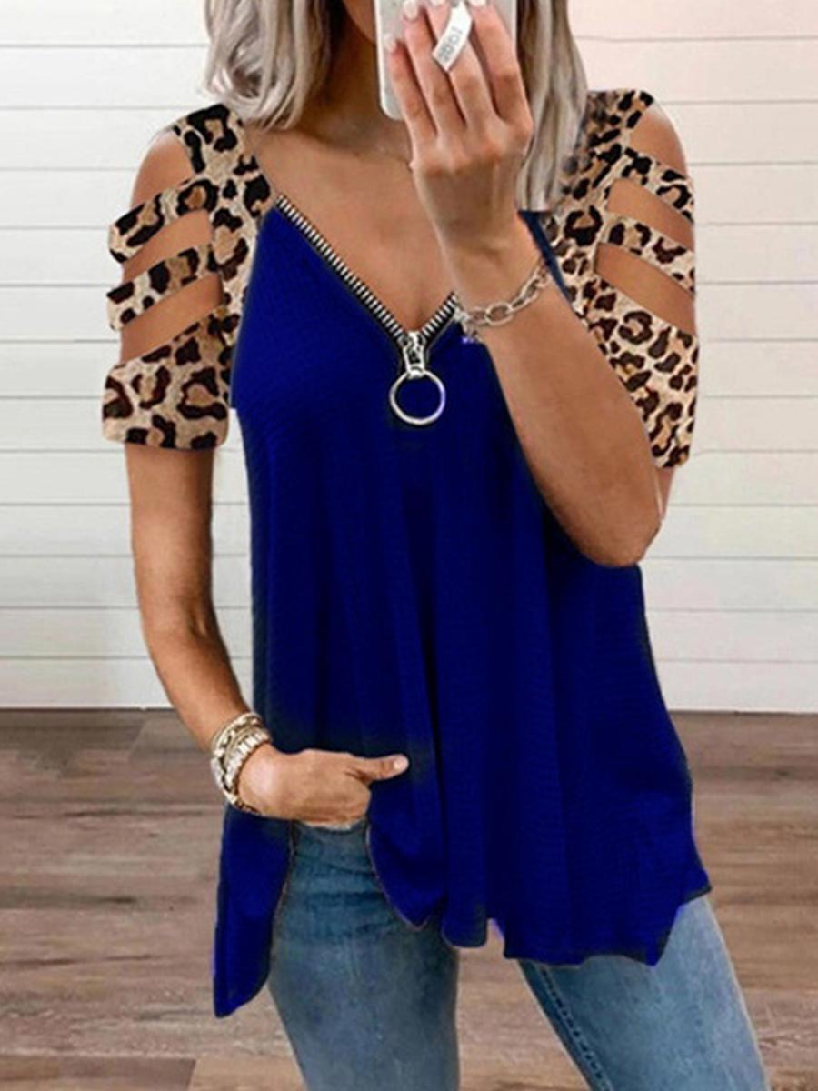 Leopard Print Off Shoulder Zips Short Sleeve T-shirt