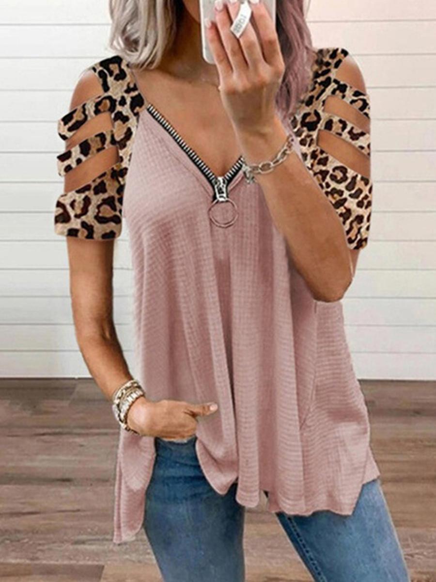 Leopard Print Off Shoulder Zips Short Sleeve T-shirt