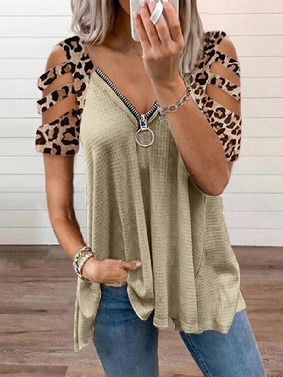 Leopard Print Off Shoulder Zips Short Sleeve T-shirt
